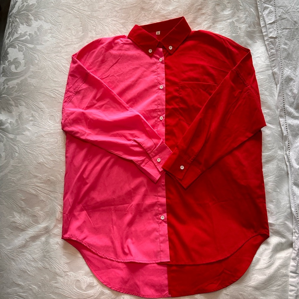Two toned, pink and red women’s oversized button-down